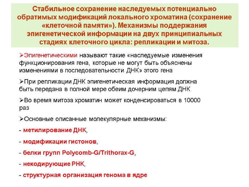 Стабильное сохранение наследуемых потенциально обратимых модификаций локального хроматина (сохранение «клеточной памяти»). Механизмы поддержания эпигенетической